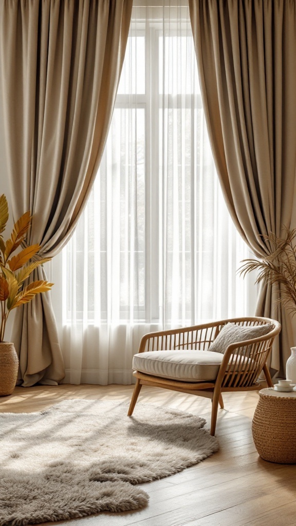 A stylish mid-century modern bedroom featuring elegant curtains and a cozy chair.