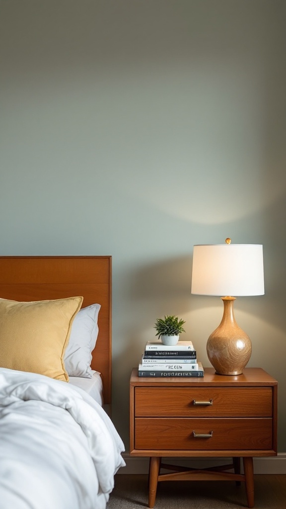 A mid-century modern bedroom featuring a wooden bedside table with a lamp and stacked books