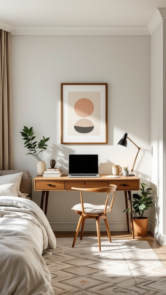 A mid-century modern bedroom workspace featuring a wooden desk, chair, laptop, and decorative plants