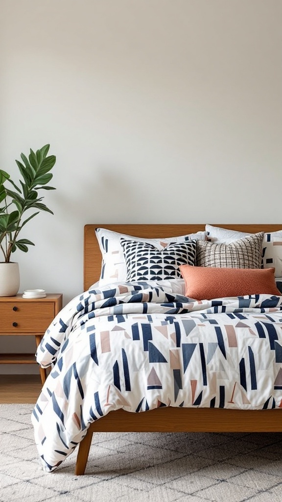 Mid-century modern bedroom with geometric patterned bedding and pillows