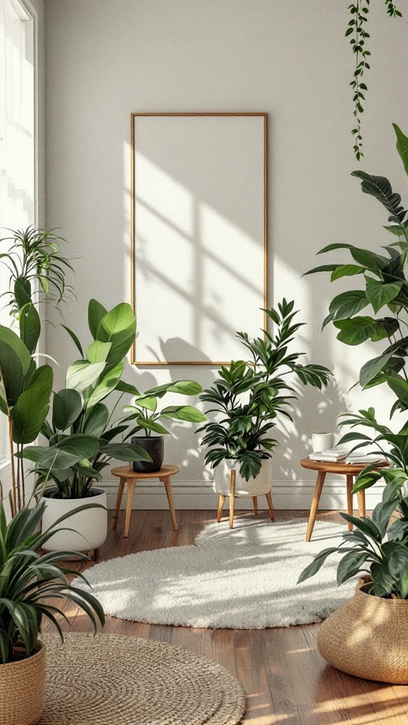 A mid-century modern bedroom featuring various indoor plants, wooden furniture, and a cozy rug.