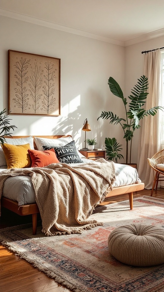 Cozy mid-century modern bedroom with layered textures including a chunky knit throw, colorful pillows, an intricate rug, and plants.