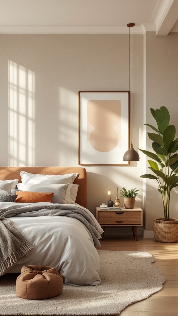 A cozy mid-century modern bedroom featuring a neutral color palette with warm accents.