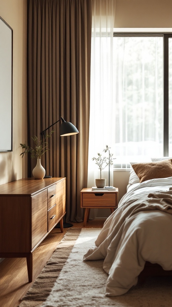 A mid-century modern bedroom featuring natural wood furniture and soft, neutral decor.