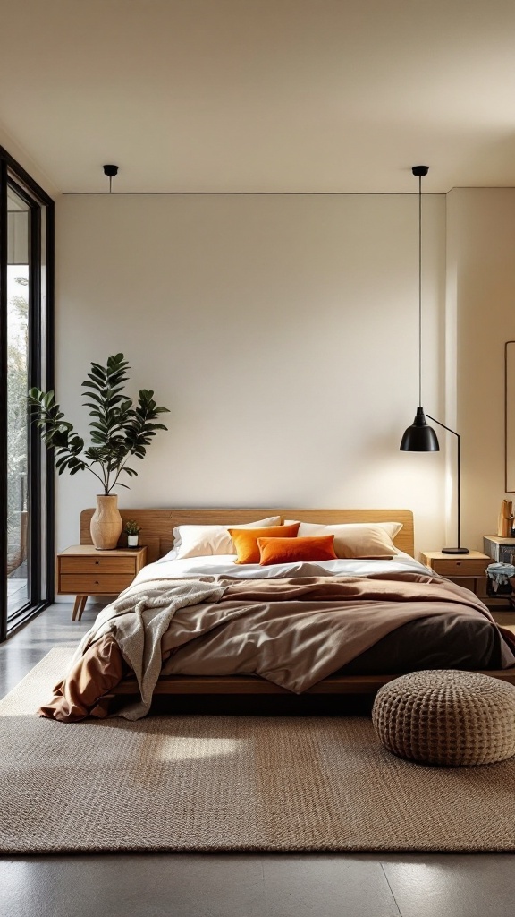 A cozy mid-century modern bedroom with a bed, plants, and natural light.