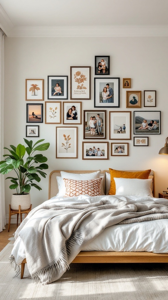 Mid-century modern bedroom with a personalized gallery wall featuring framed photos and plants.