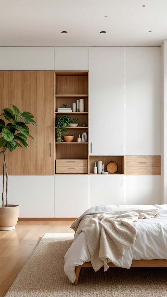 A mid-century modern bedroom with sleek storage solutions including wooden and white cabinetry, open shelves with decorative items, and a cozy bed.