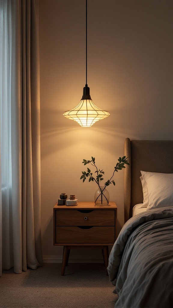 A mid-century modern bedroom featuring a stylish pendant light above a wooden nightstand with a plant.