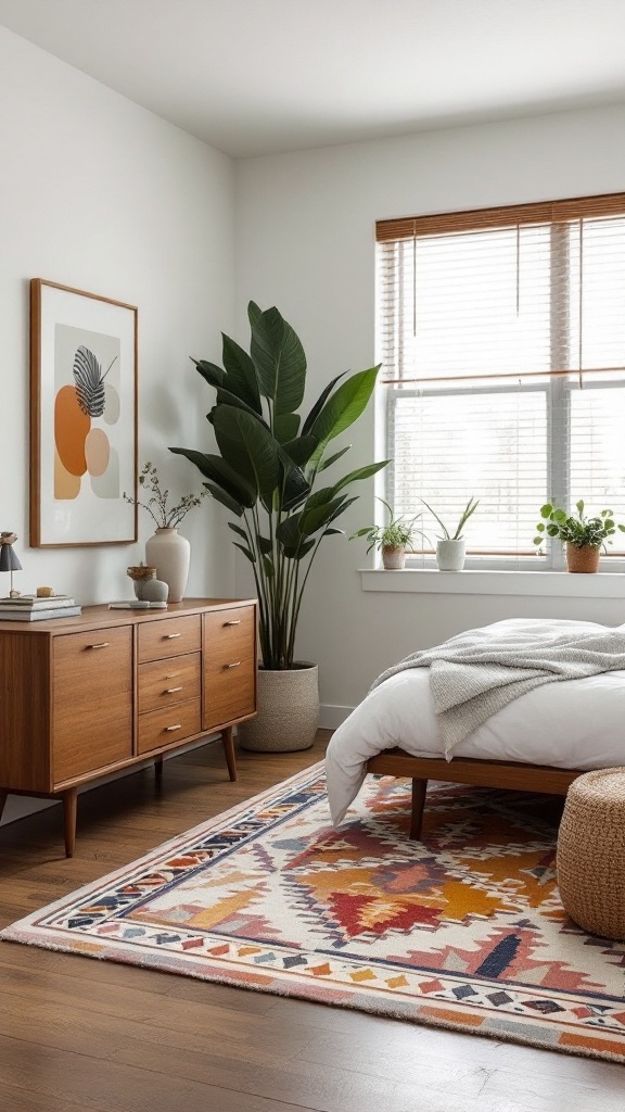 Stylish mid-century modern bedroom with a colorful area rug, wooden furniture, and plants.