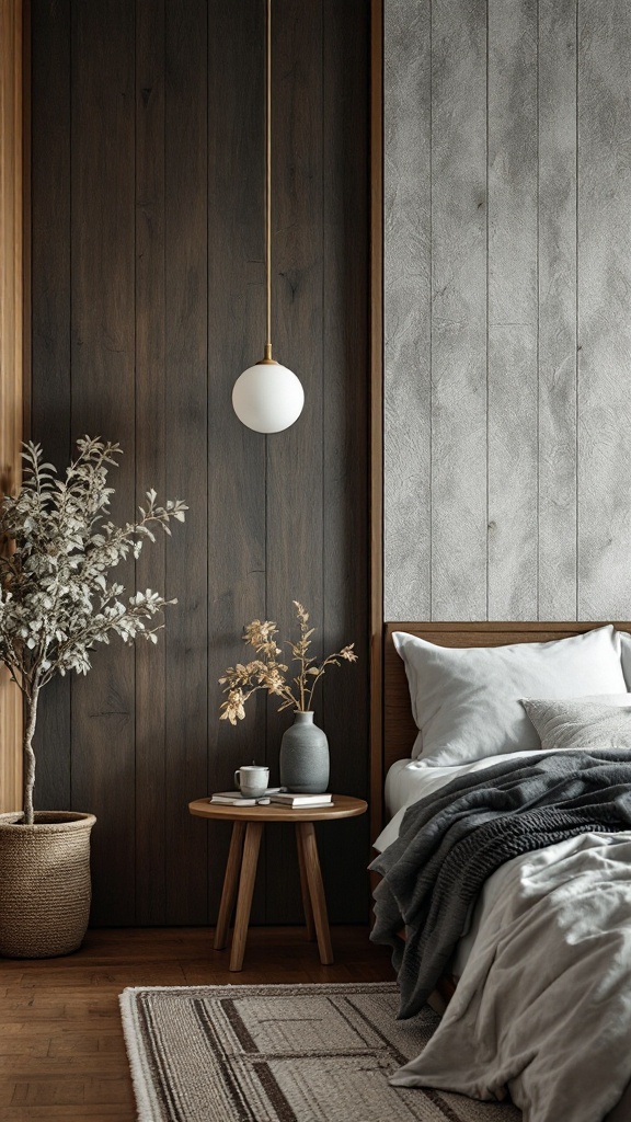 A mid-century modern bedroom featuring textured wall treatments with dark wood and gray walls.