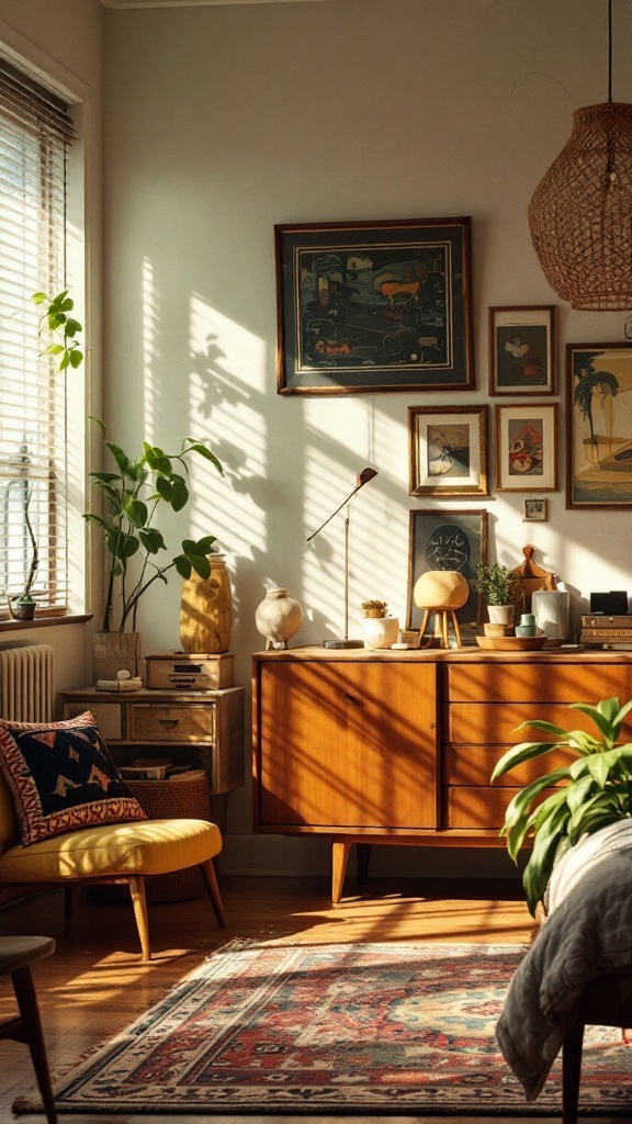 A mid-century modern bedroom featuring vintage accessories, including a wooden sideboard, yellow chair, and plants.
