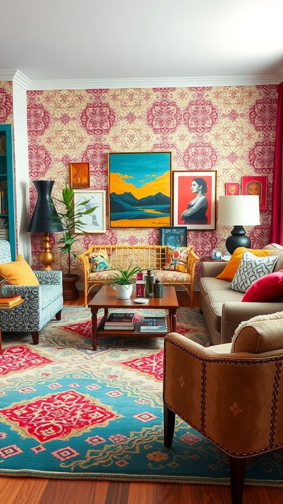 An eclectic living room featuring colorful patterned furniture, various wall art, and a vibrant rug.