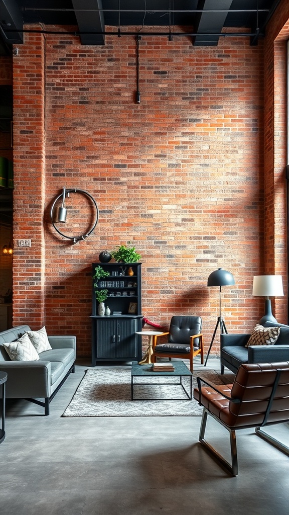 A stylish industrial loft with exposed brick walls, modern furniture, and a cozy atmosphere.