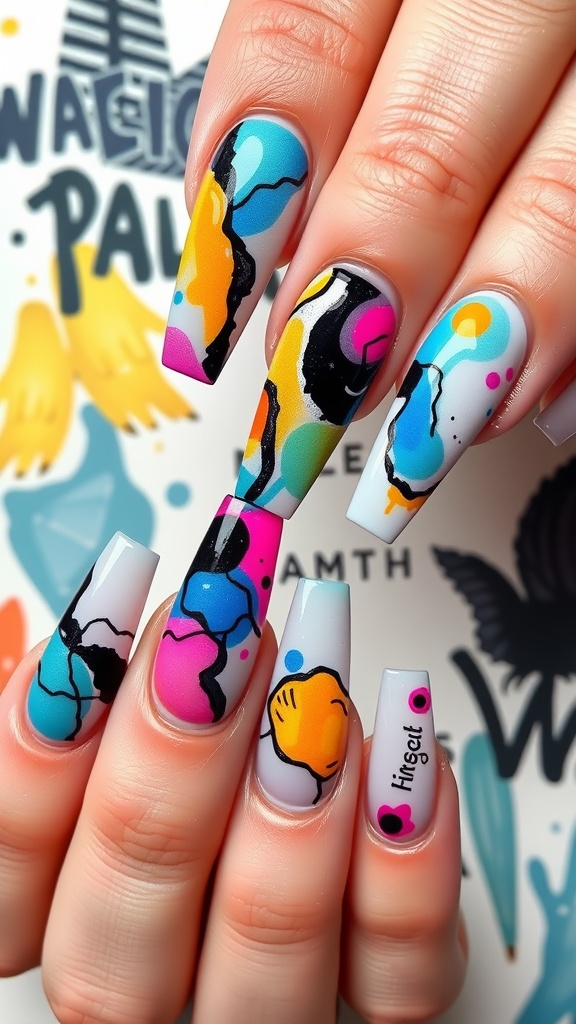 Colorful abstract art design on acrylic coffin nails.