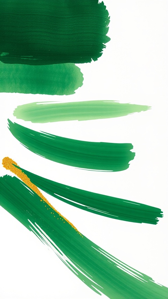 Abstract brush stroke art in green and gold.
