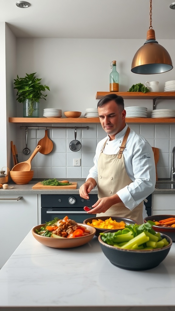 A chef preparing fresh vegetables for a Mediterranean keto recipe