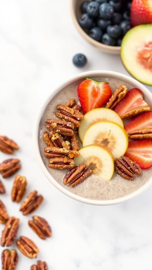 A bowl of smoothie topped with sliced fruits and keto candied pecans, with more pecans scattered around.