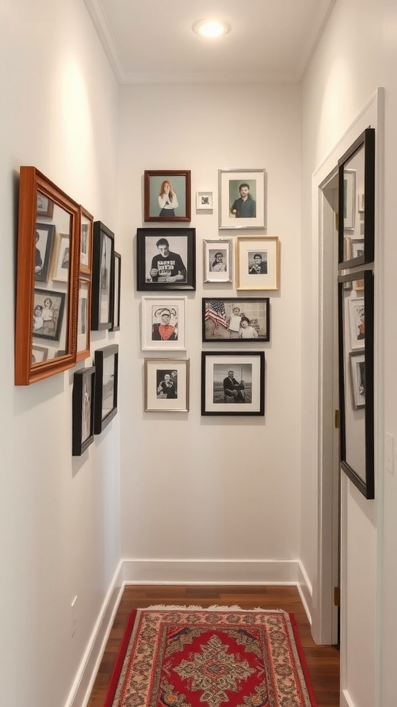 A hallway with a gallery wall featuring various framed photos and artworks.