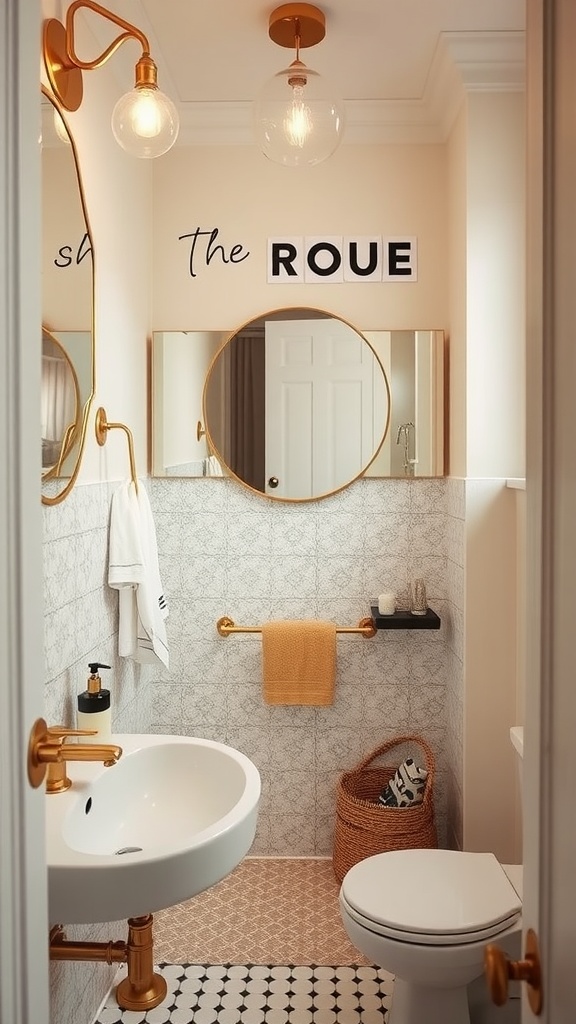 A small bathroom featuring gold accents in lighting and fixtures.