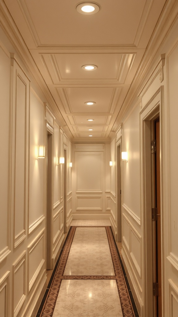 Elegant small hallway with architectural accents, featuring recessed lighting and detailed wall paneling.