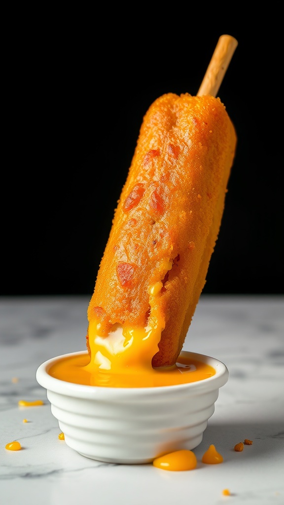 Cheese-stuffed corn dog dipped in cheese sauce