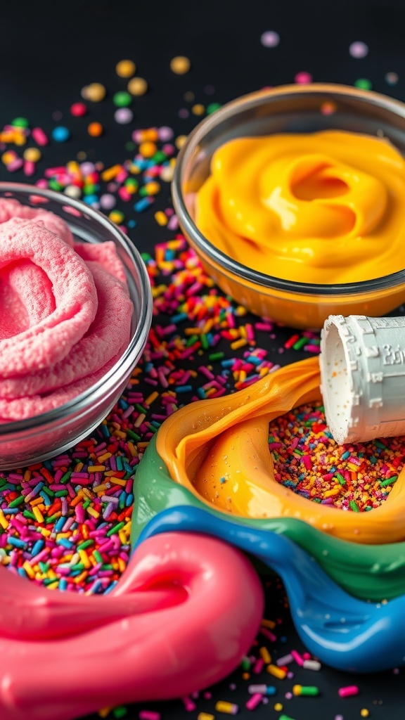 Colorful fluffy slime with glitter and sprinkles.