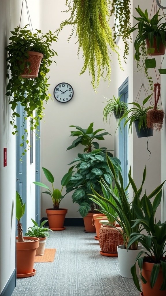 A bright hallway adorned with various hanging and potted plants.