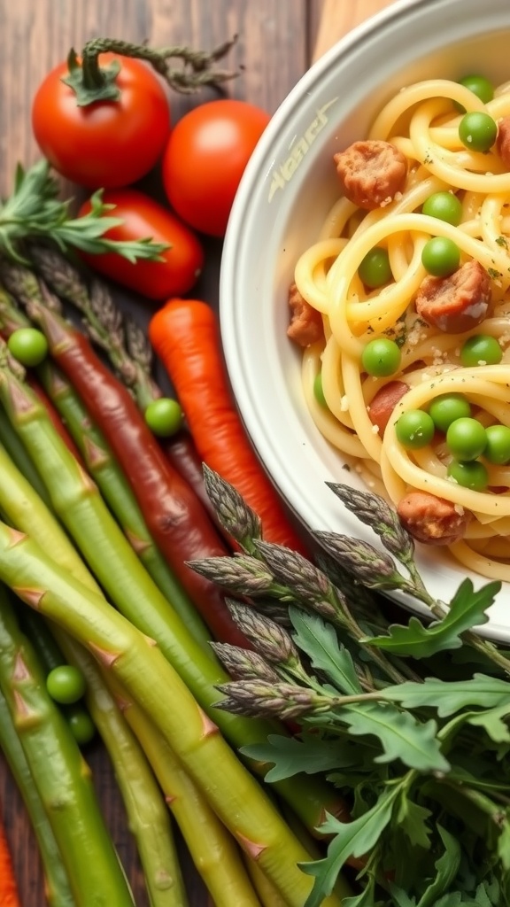 Bowl of pasta carbonara with vegetables, featuring asparagus, peas, and pancetta.