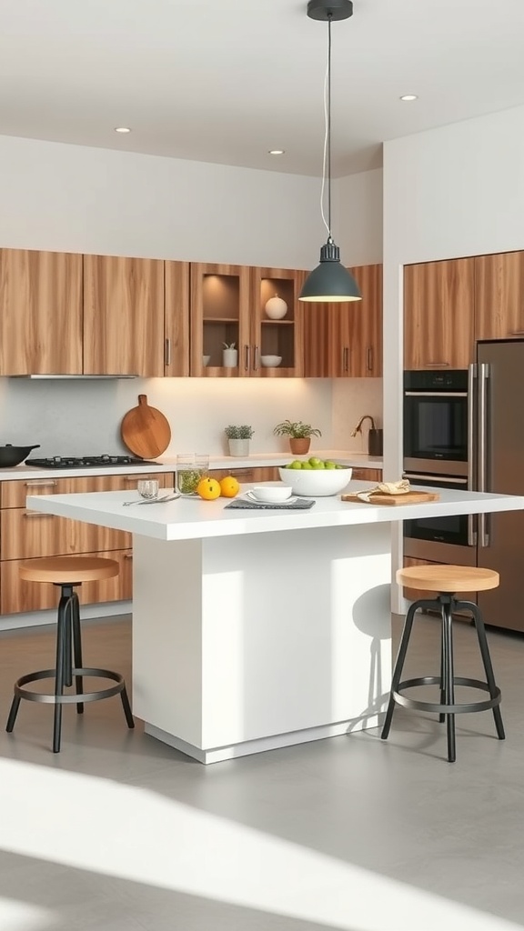 Modern kitchen with an adjustable height island, featuring wooden cabinets and stylish stools.