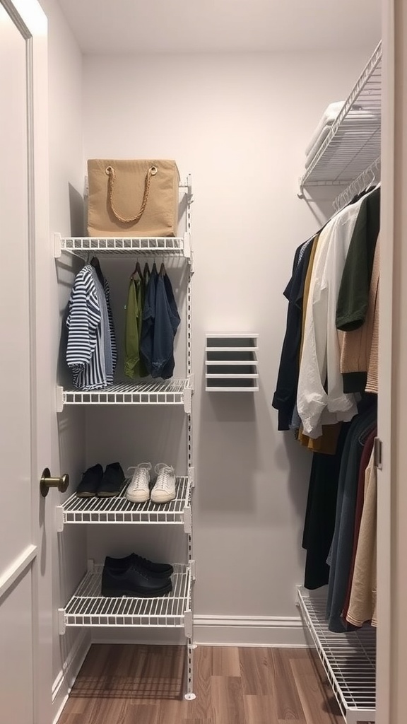 Small closet featuring adjustable shelving with clothes and shoes organized neatly