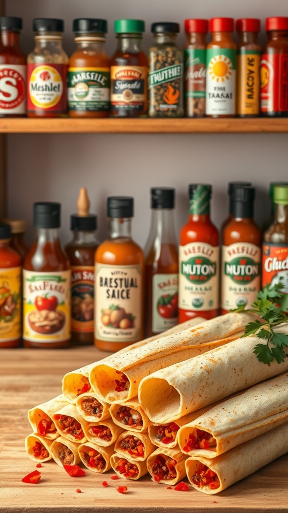 Delicious chicken taquitos with various hot sauces in the background.