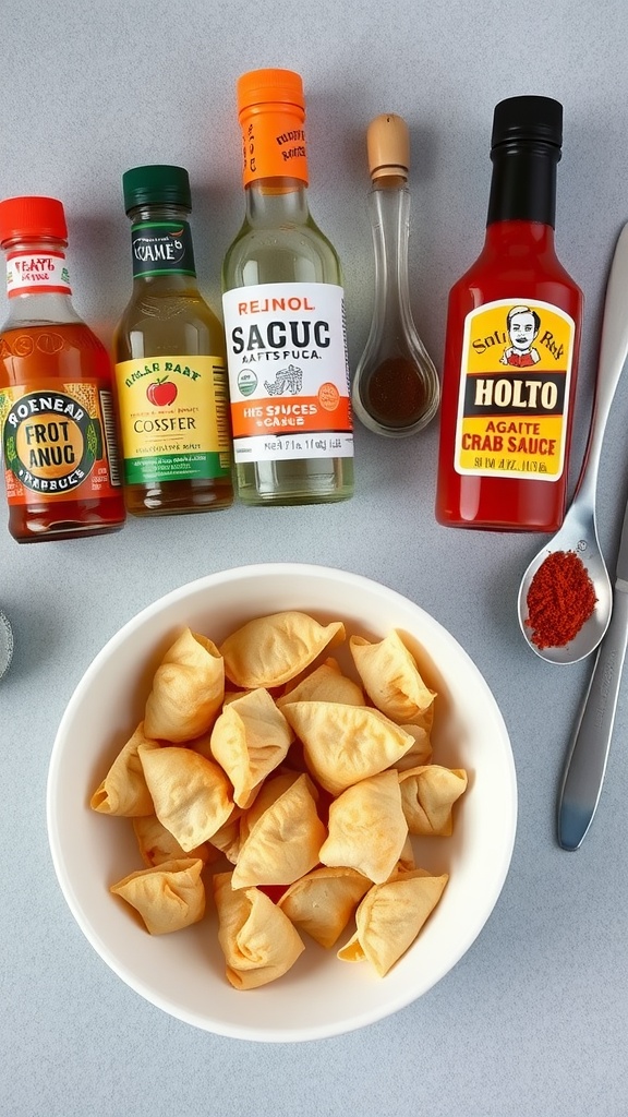 A bowl of crab rangoon, surrounded by various sauces and a spoonful of spices.