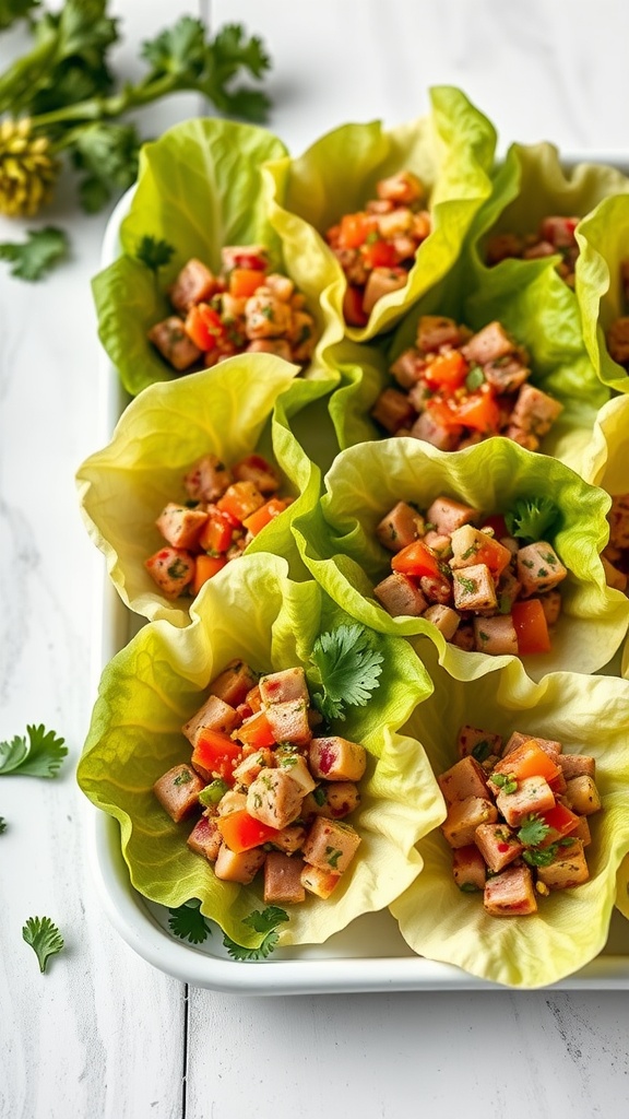A platter of lettuce cups filled with ahi tuna poke, diced vegetables, and garnished with cilantro.