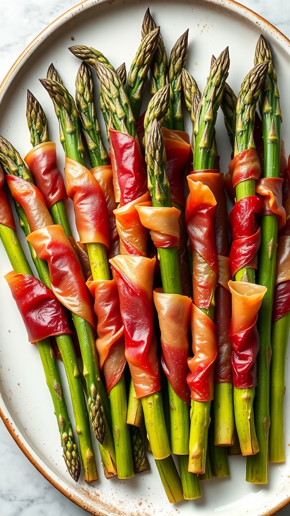 Air fryer asparagus wrapped in prosciutto, showcasing the green asparagus and pink prosciutto in a delicious presentation.