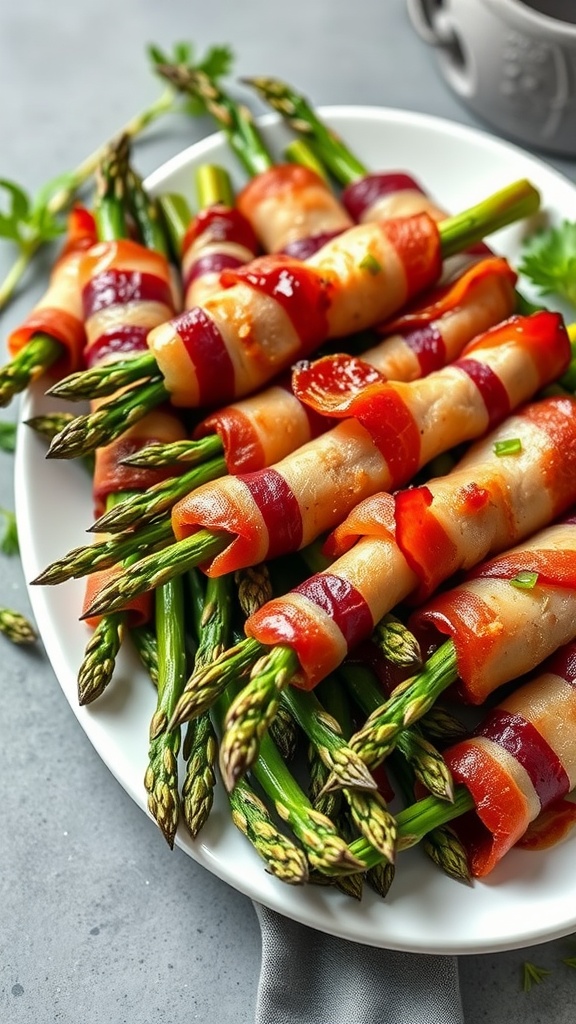 Bacon-wrapped asparagus arranged on a plate