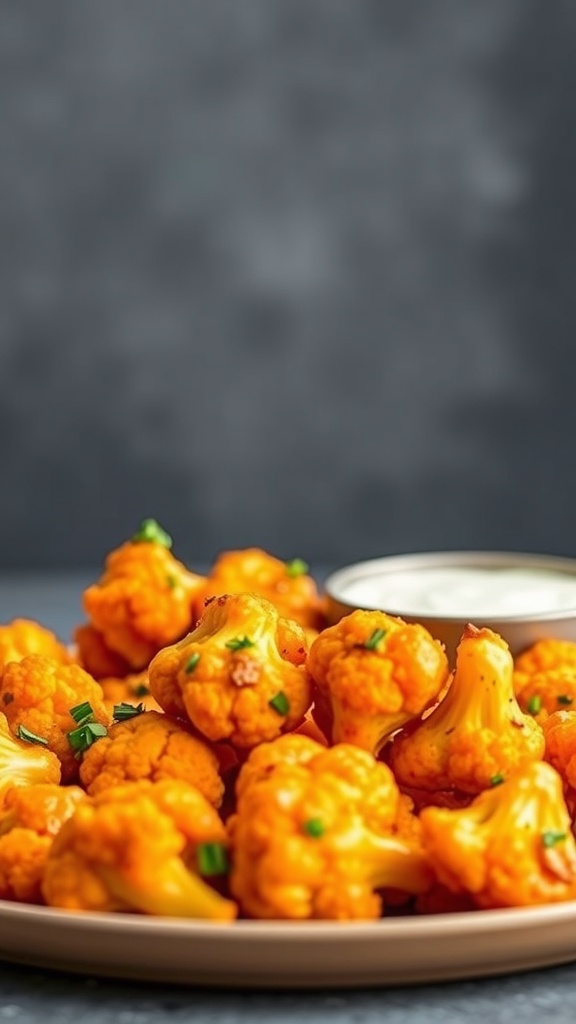 Air Fryer Buffalo Cauliflower Bites served with a side of dipping sauce.