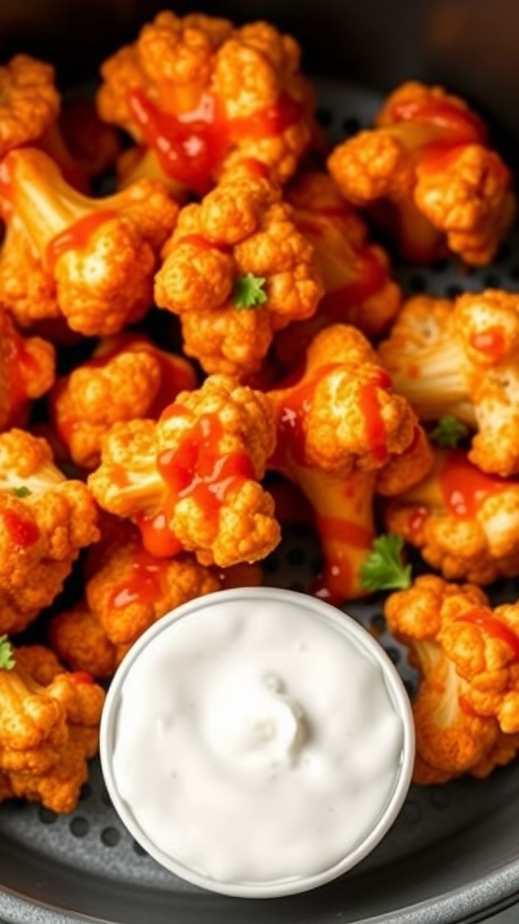 A bowl of crispy air fryer cauliflower buffalo bites with a side of dipping sauce.