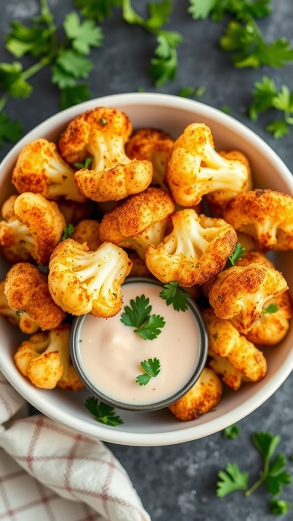 A bowl of crispy, golden cauliflower tots with a dipping sauce