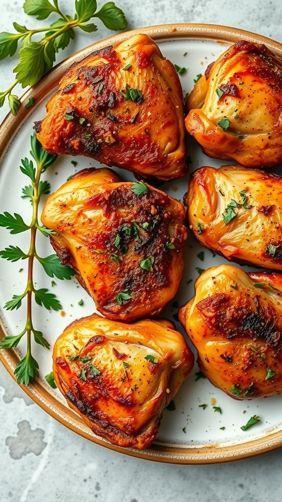 Plate of air fryer chicken thighs garnished with herbs