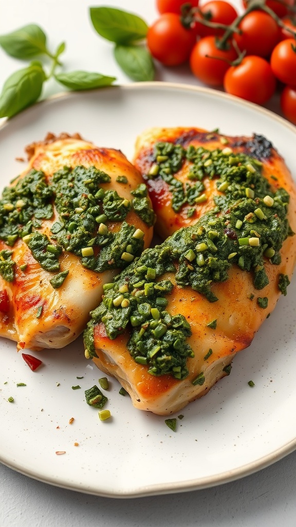Air fryer chicken thighs topped with pesto