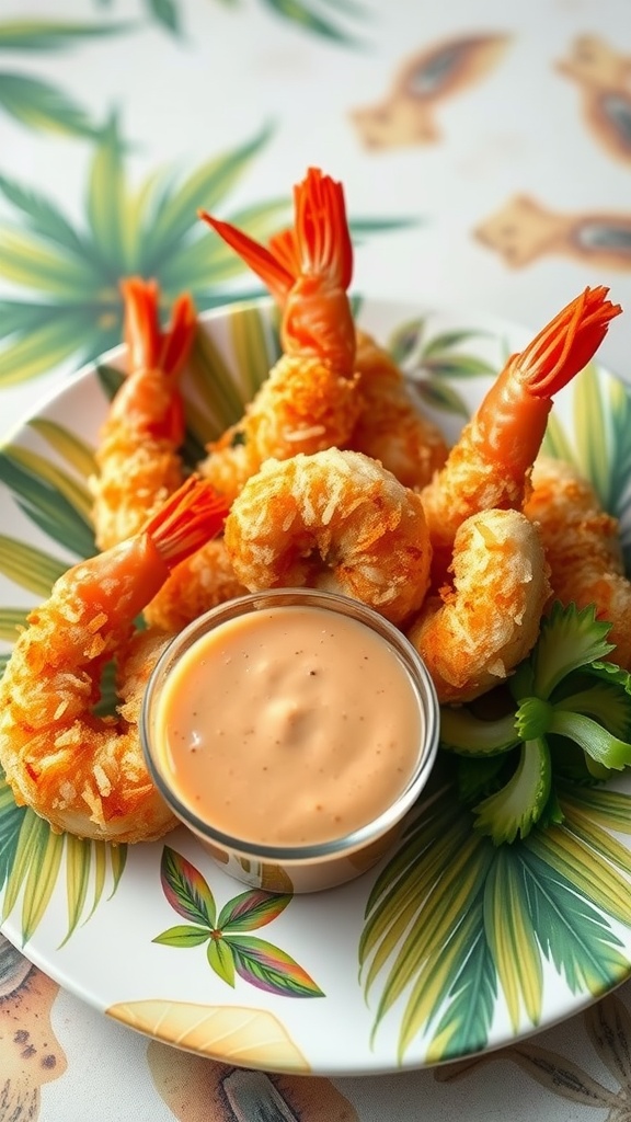 Air fryer coconut shrimp with dipping sauce on a plate