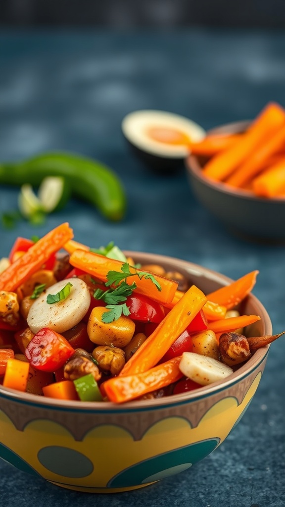 A colorful bowl of fajita veggies with bell peppers, onions, and zucchini.
