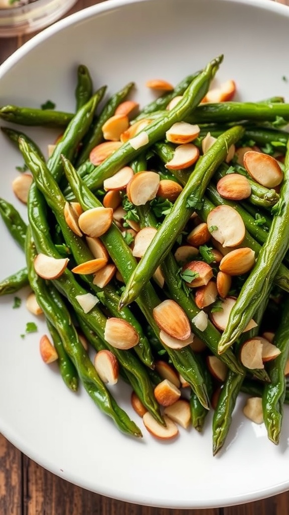 A delicious serving of air fryer green beans with sliced almonds.