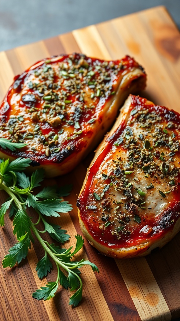 Cooked pork chops with herb crust on a wooden cutting board