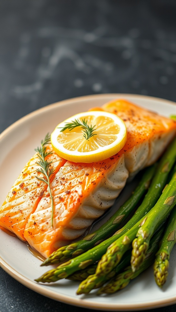 Air fryer salmon with lemon slices and dill, served with asparagus.