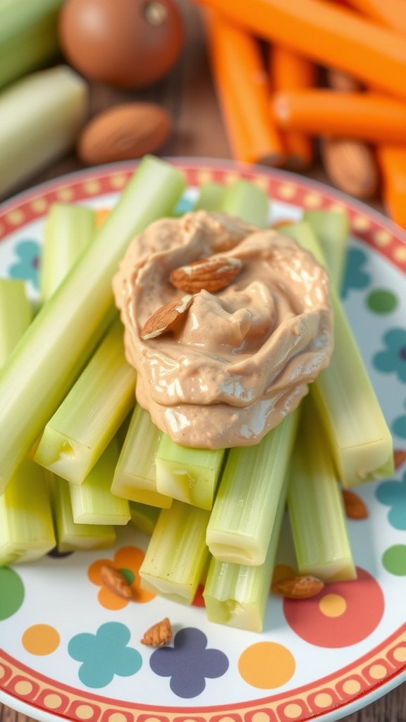 Almond butter served with celery sticks in a colorful plate
