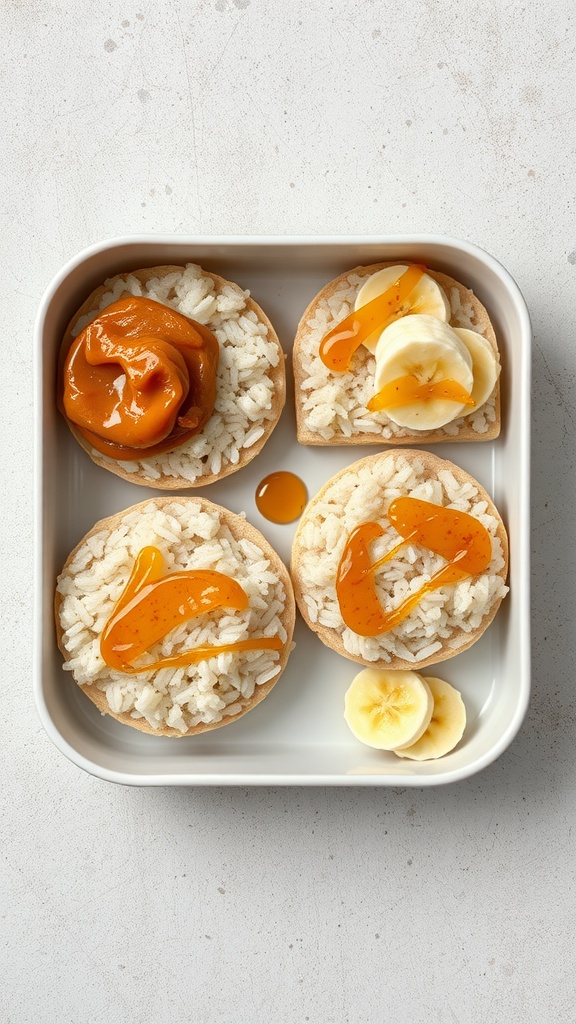 A bento box containing rice cakes topped with almond butter and fruit.