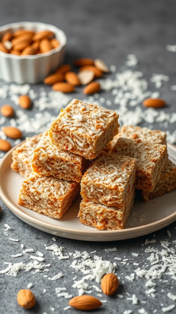 Almond Coconut Protein Bars stacked on a plate