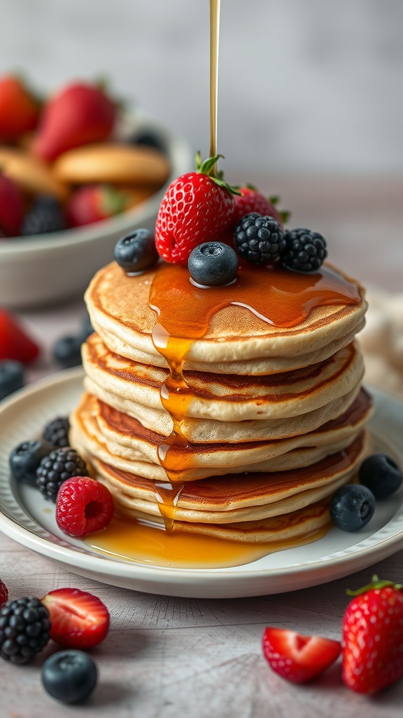 Stack of almond flour pancakes topped with berries and syrup