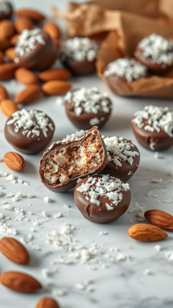 A collection of homemade Almond Joy Bites with chocolate coating and shredded coconut on top, scattered with almonds.